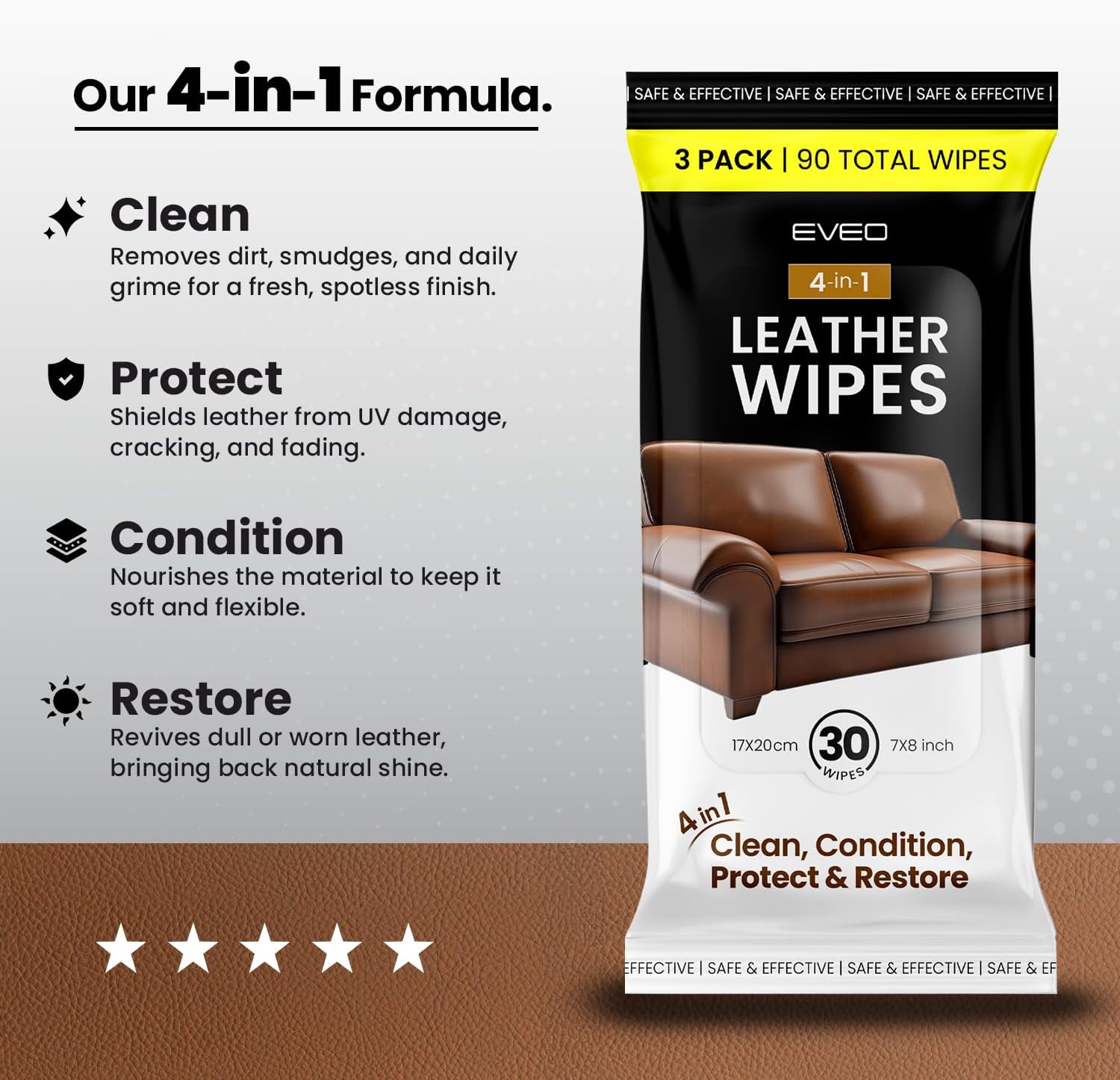 Leather Cleaning Wipes - (3 pack of 30 wipes) - 90 wipes - EVEO TV
