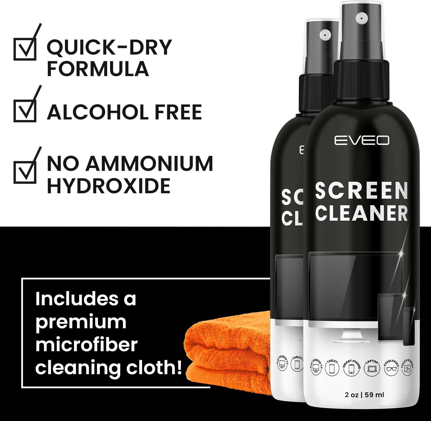 Screen Cleaner Spray 4oz(2ozx2) & Microfiber Cloth - EVEO TV